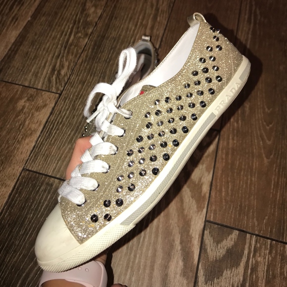 Prada Shoes - Prada Studded Glitter Sneaker Gold